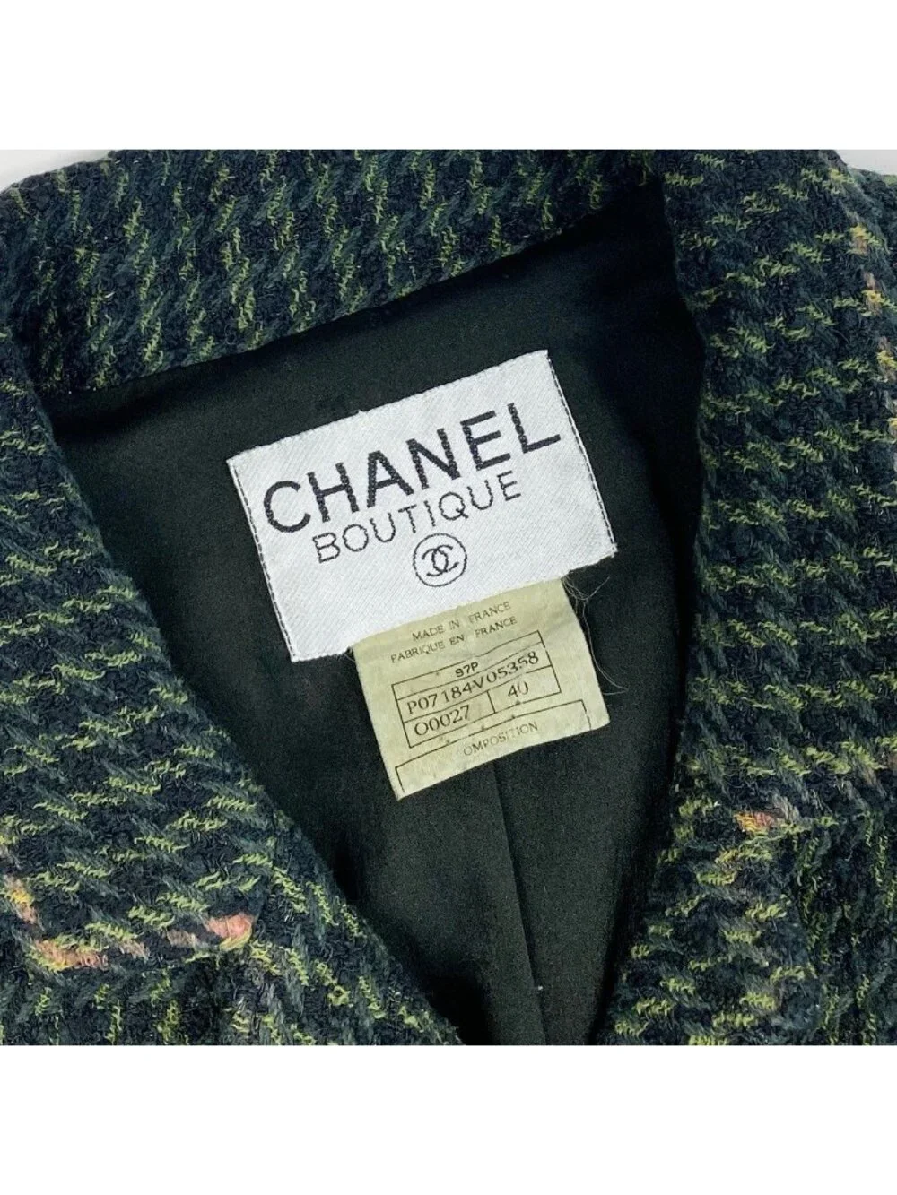 Chanel Collection CC Logo Button Tweed Short Jacket 40 Dark Green